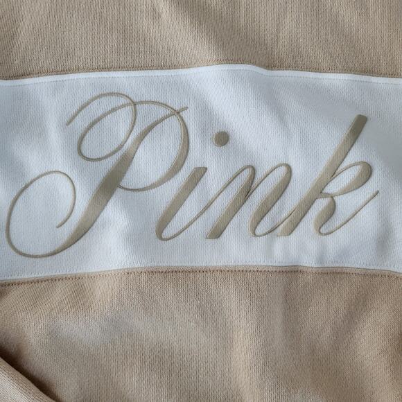 Victoria's Secret Pink Ivy Fleece Croppped Hoodie Sweatshirt Tan White Large - Picture 7 of 10